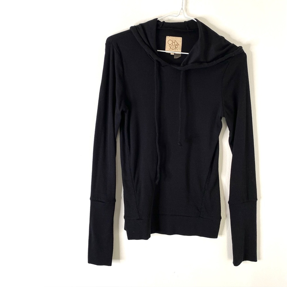 Chaser Black Ribbed Long Sleeve Hooded Pullover Stretch Lightweight